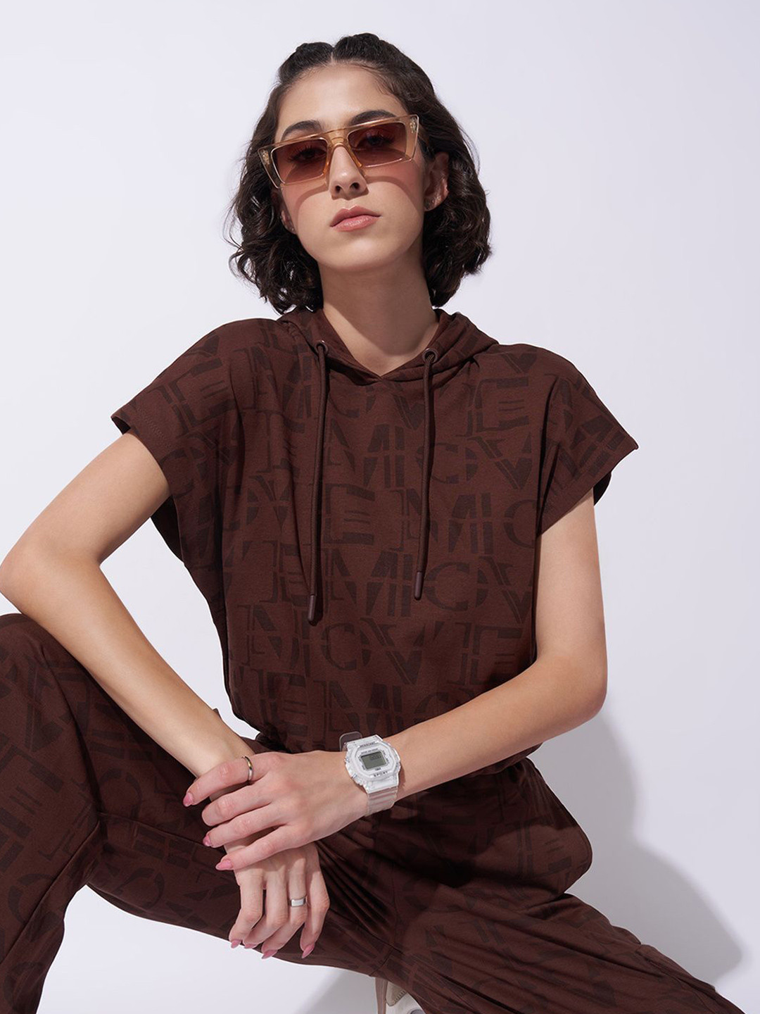 Ajile by Pantaloons Print Hooded Extended Sleeves Mocha Mousse Cotton Top