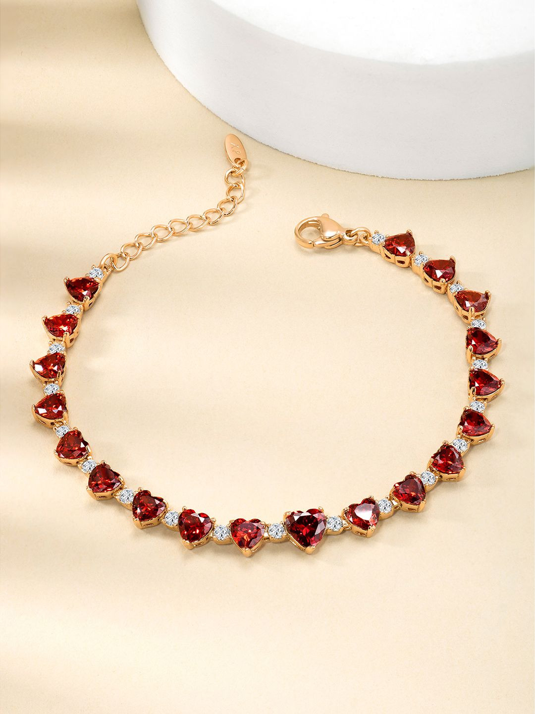 Peora Gold-Plated Cubic Zirconia Studded Link Bracelet With Red Rose