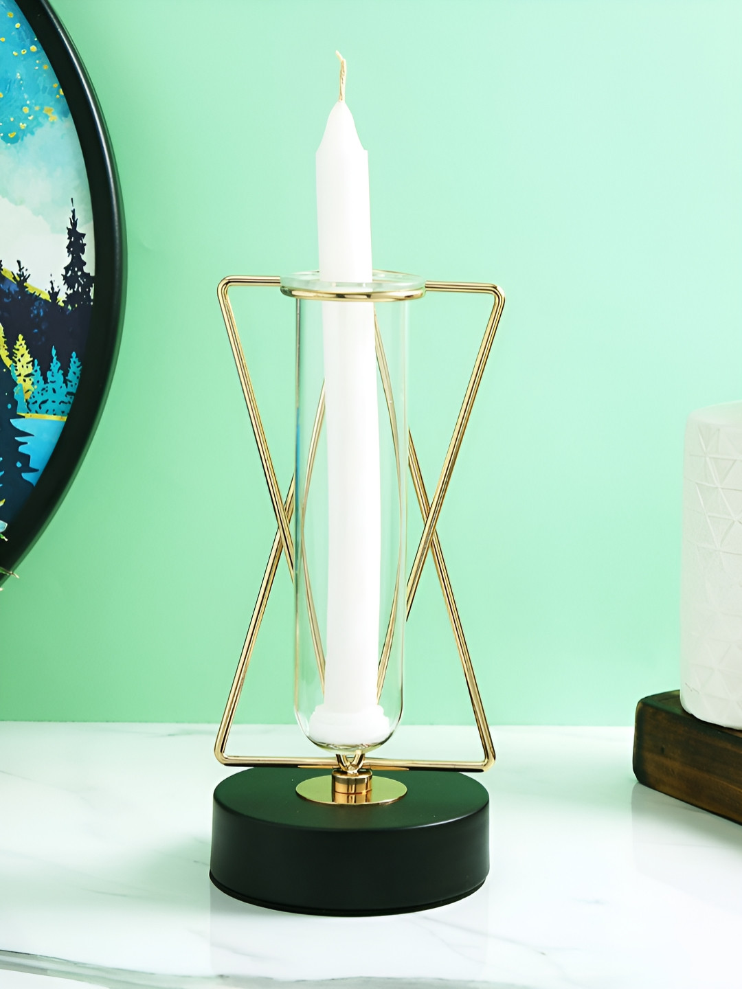 Myntra Elegant Homes Gold-Toned & Black Prism Candle Holder