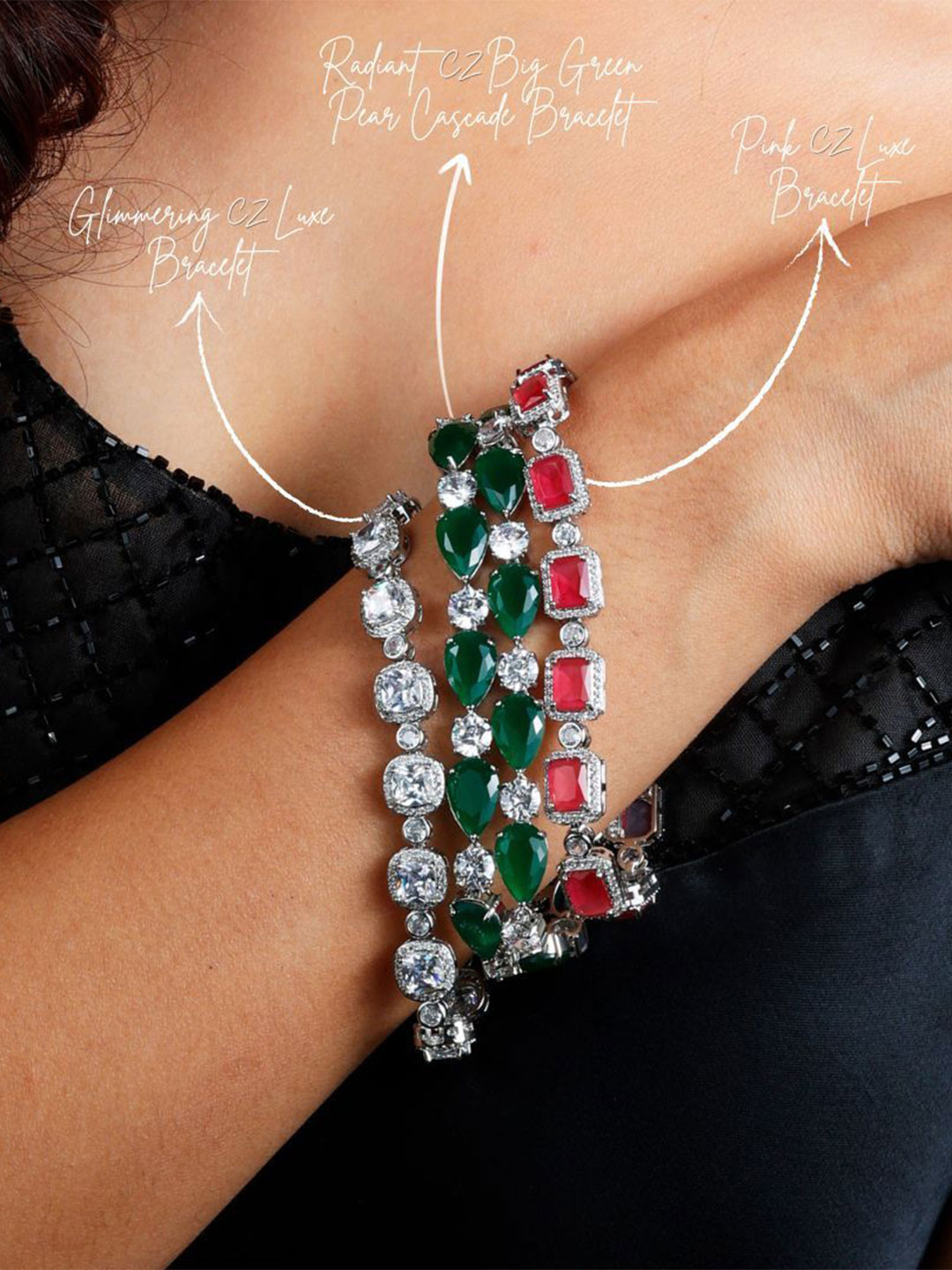 ISHI New York Rhodium-Plated Radiant CZ Green Pear Cascade Bracelet