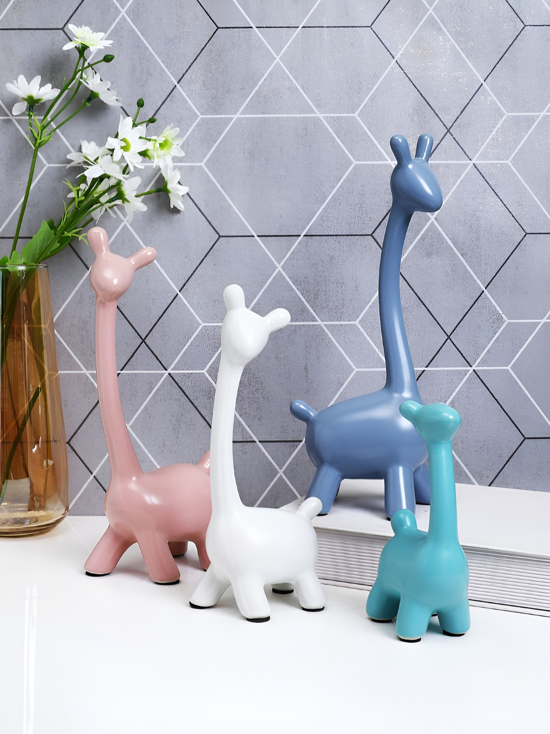 Myntra Elegant Homes Graceful Giraffe White Ceramic Natural Living Room Set of 4 Medium Showpieces - 4.7 Inches