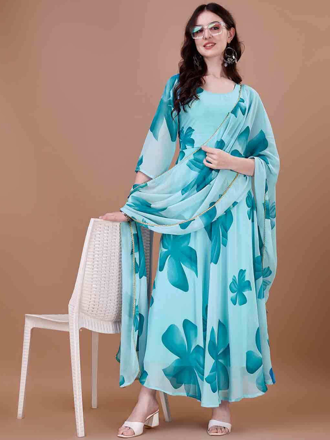 Jash Creation Women Printed Round Neck Three-Quarter Sleeves Maxi Dress With Dupatta