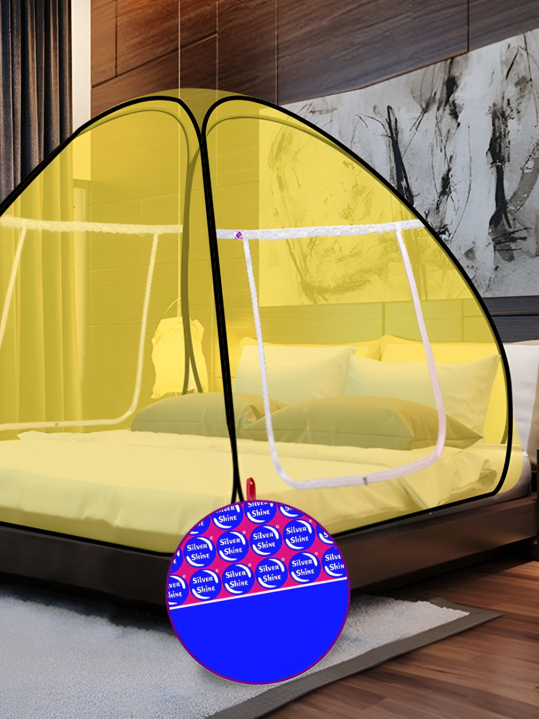 Silver Shine Yellow & White King Size Foldable Tent Mosquito Net with Bag