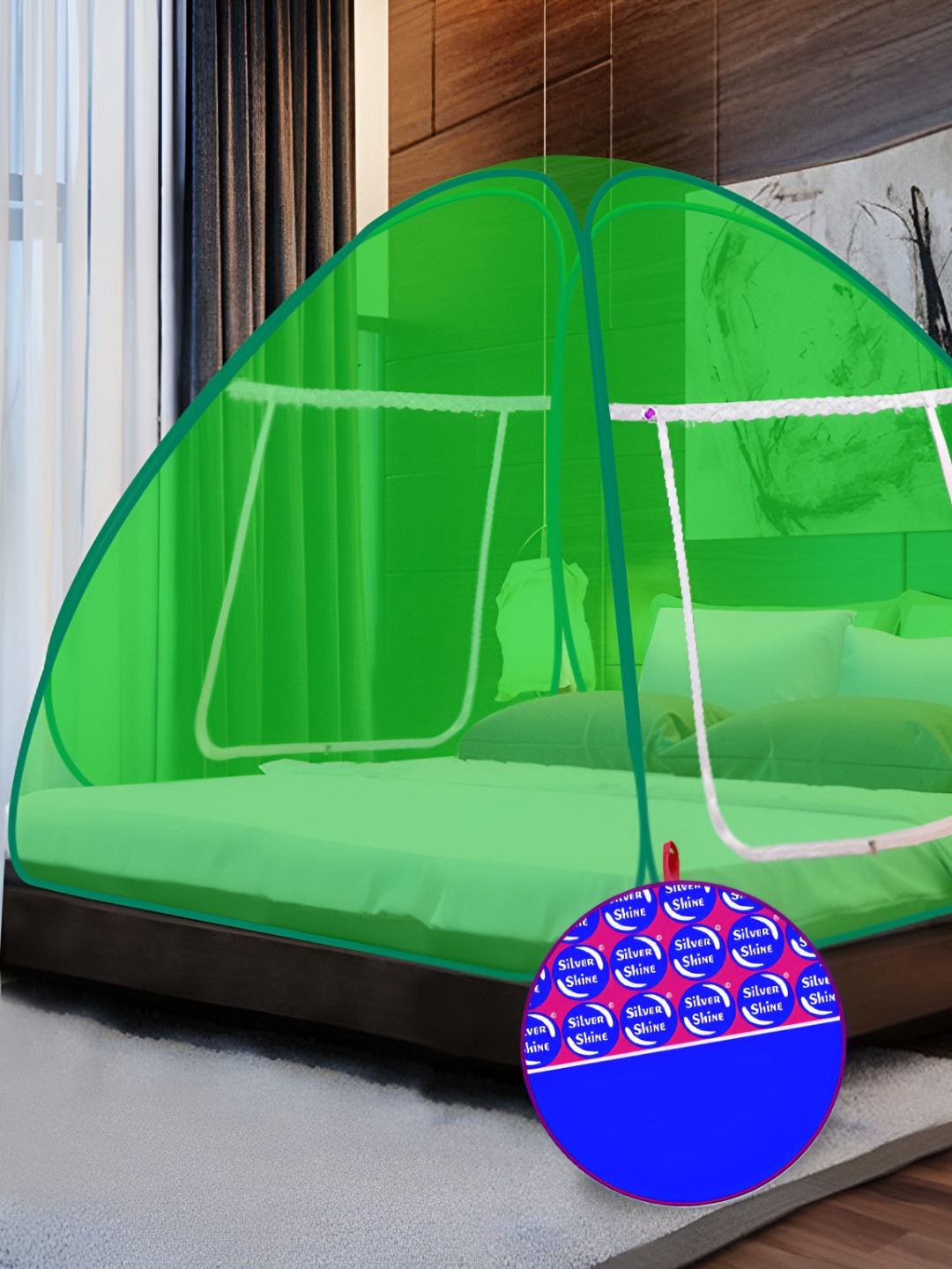Silver Shine Green King Size Foldable Tent Mosquito Net with Bag