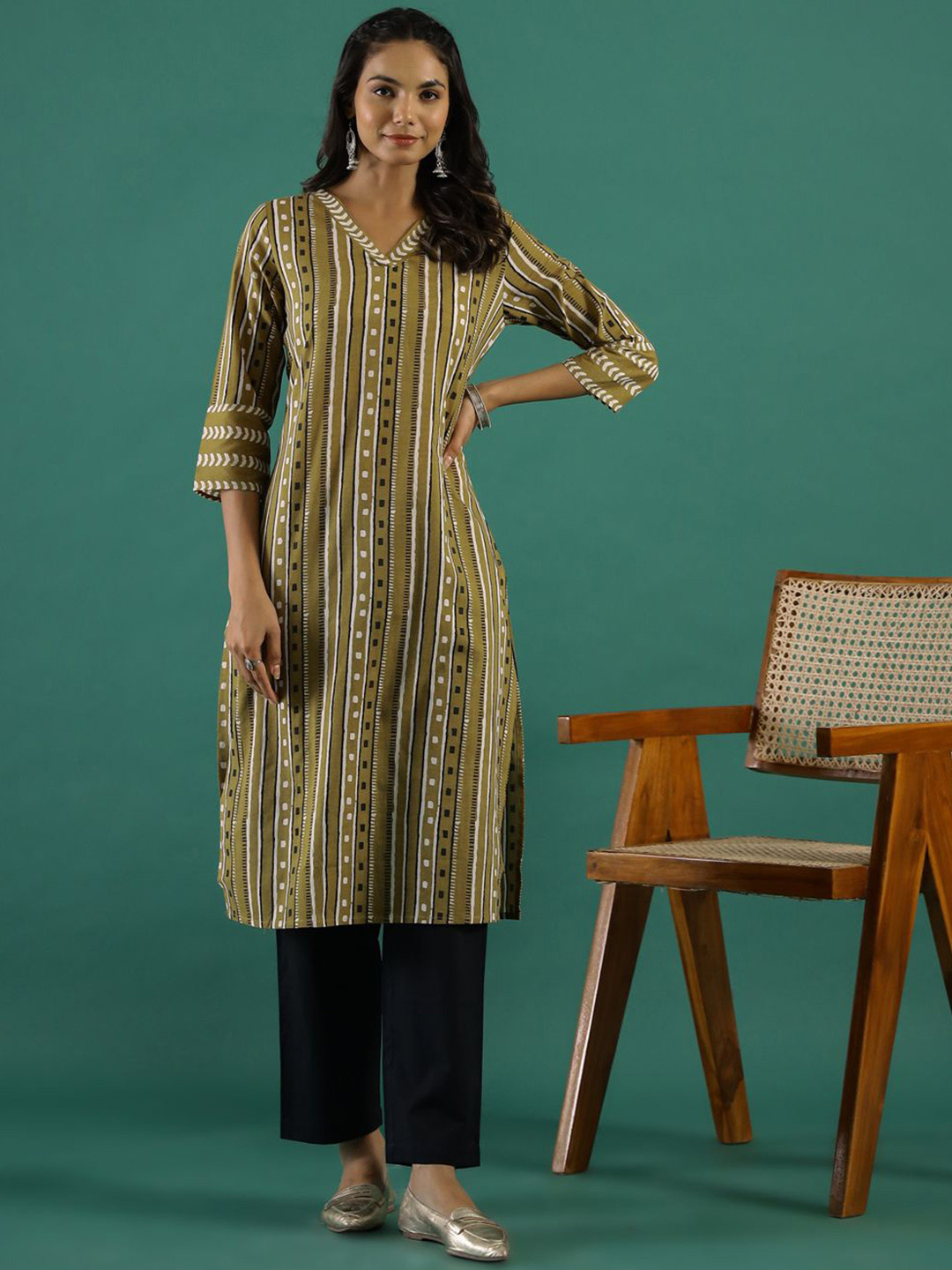 Sangria Musturd Striped V-Neck Pure Cotton Straight Kurta With Trousers
