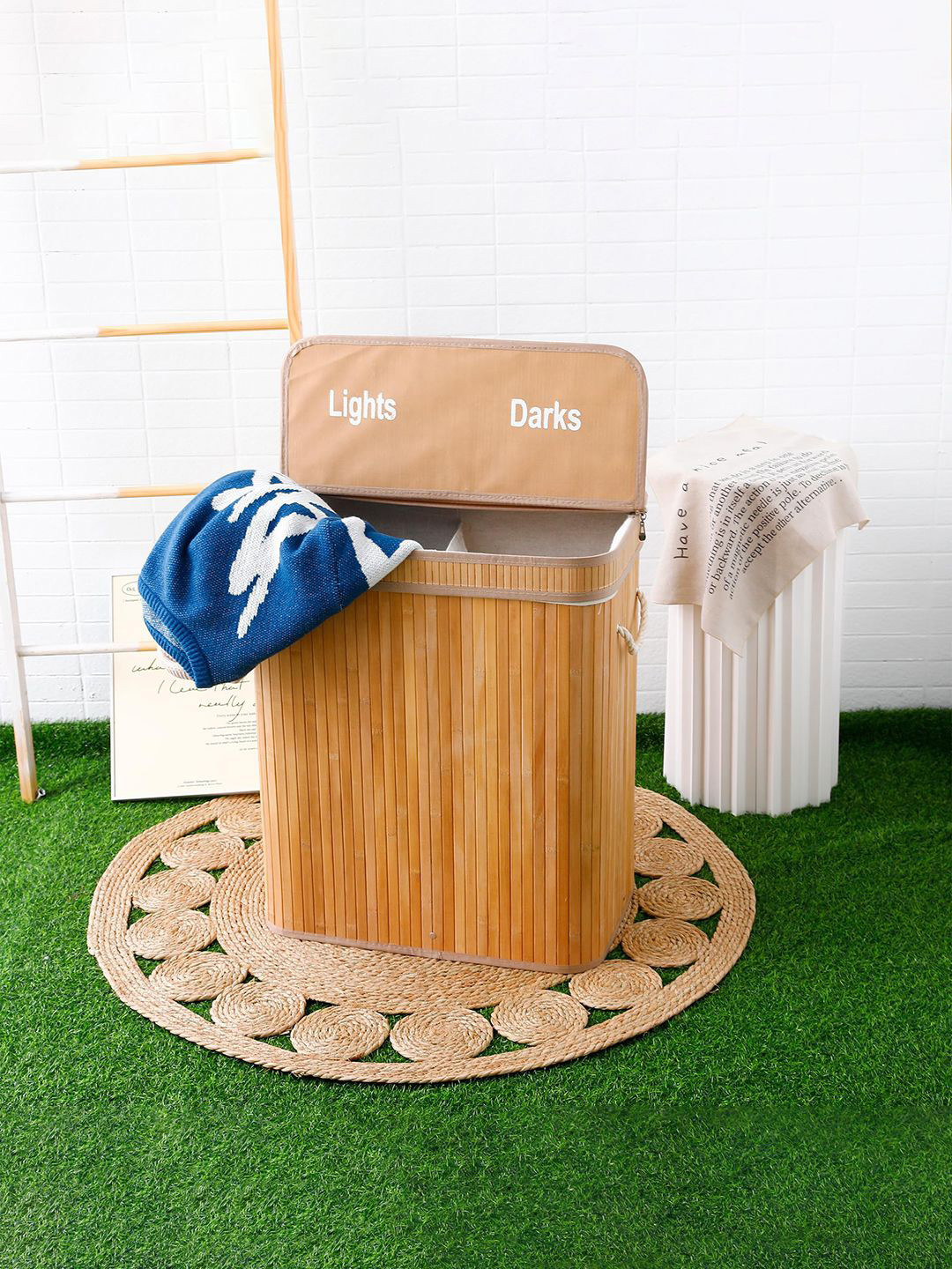 Kuber Industries 90 L Foldable Bamboo Basket Storage Laundry Bag with Lid