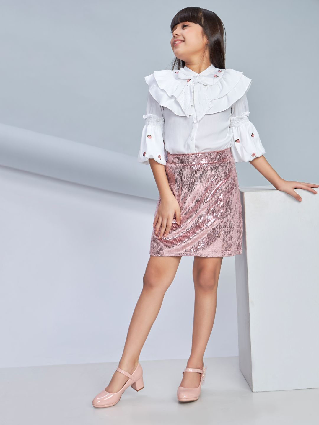 Peppermint Girls Autumn Winter Embroidered Band Collar Top With Skirt