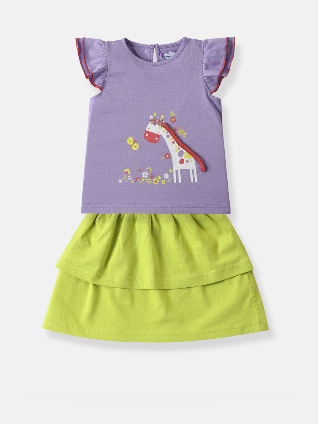 Nauti Nati Girls Graphic Printed Pure Cotton Ruffle Sleeve Top with Skirt