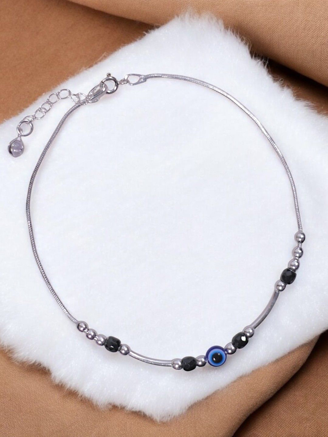 Taraash 925 Sterling Silver Artificial Beads Beaded Evil Eye Chain Anklet