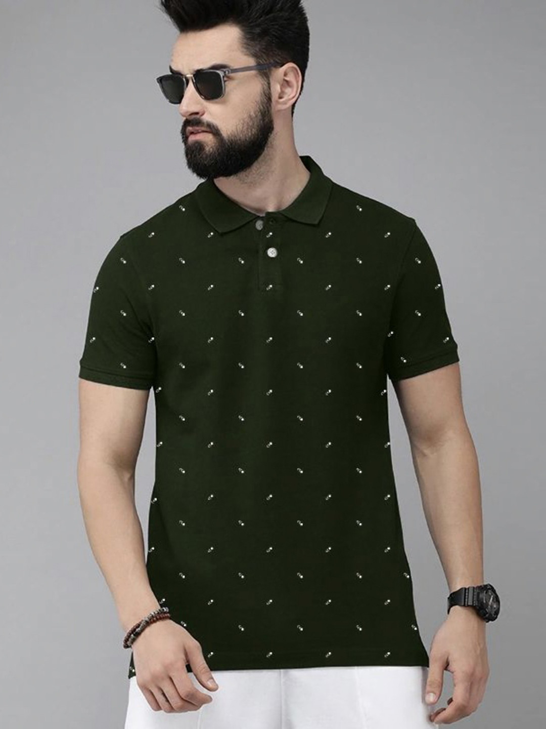 MERRIMENT Men Geometric Printed Polo Collar Cotton T-shirt