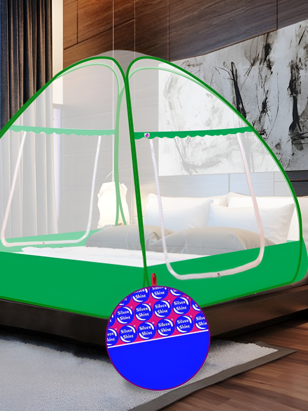 Silver Shine Green & Transparent King Size Foldable Tent Mosquito Net with Bag