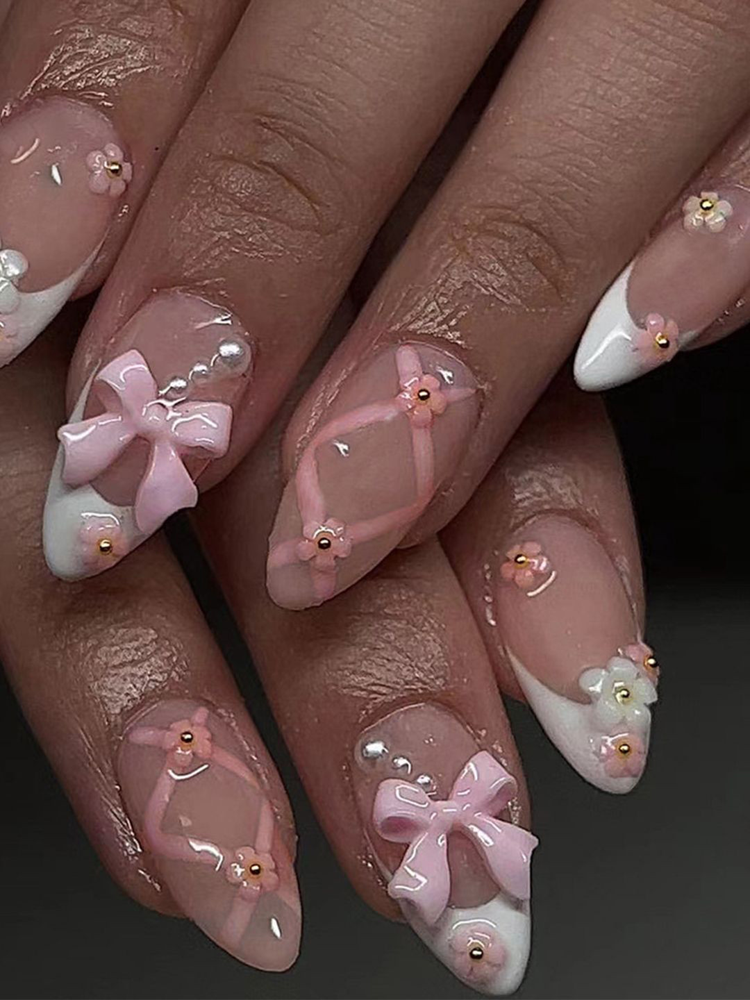 Secret Lives Set Of 24 Glossy With 3D Bow & Flower Design Press On Artificial Nails - Pink