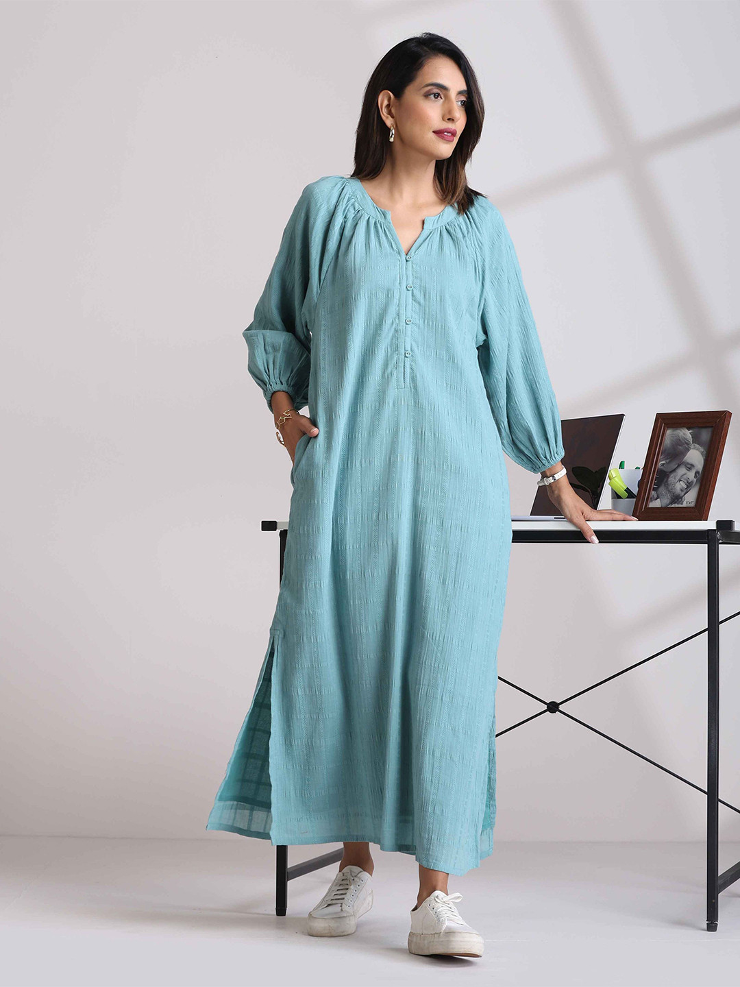 trueBrowns Aqua Blue Cotton Dobby Dress