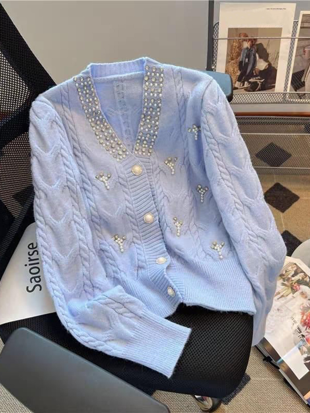 Miss Mosa By Akanksha  Blue Ella Embellished Luxe Sweater