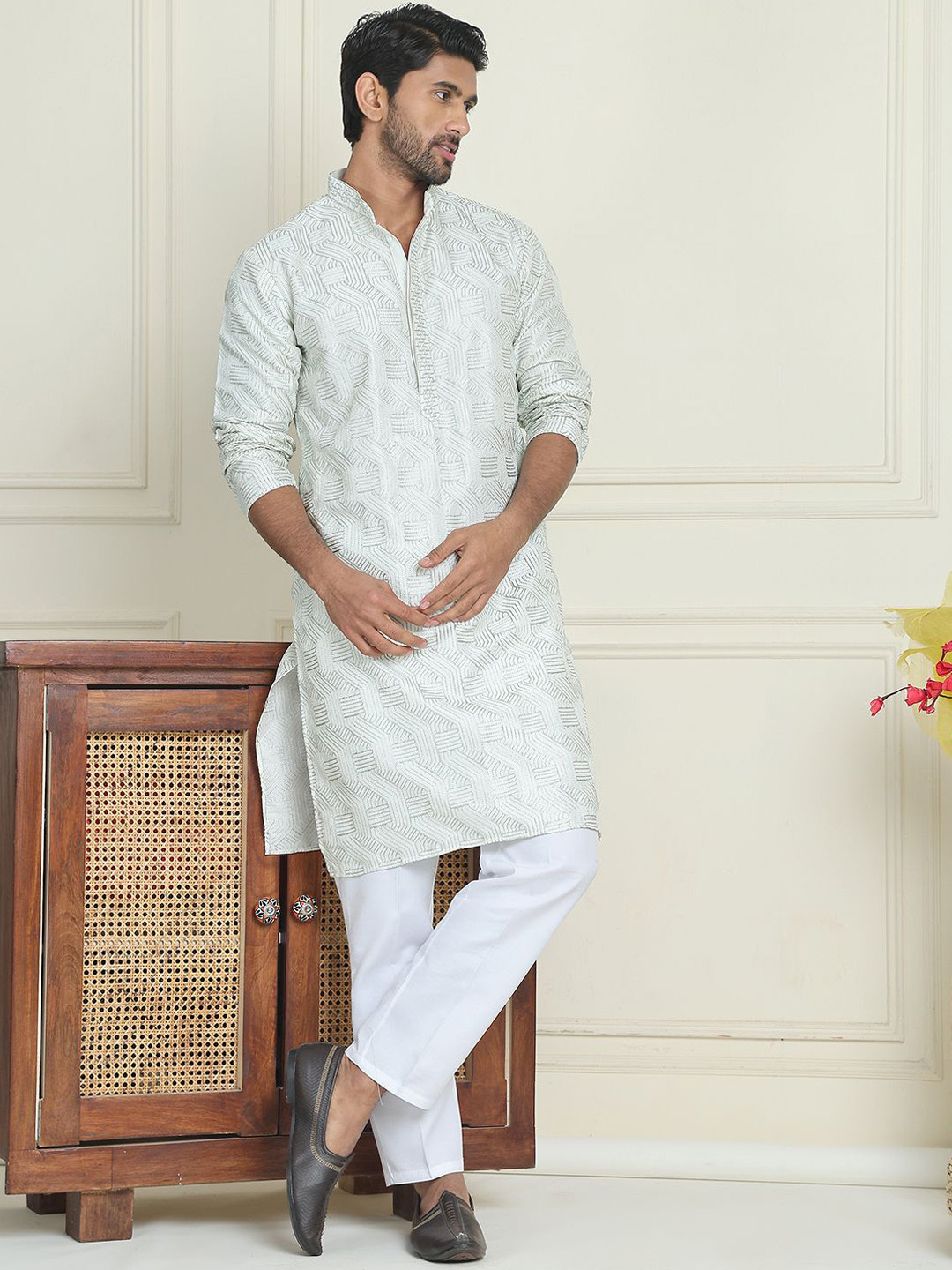 Anouk Pista Green Geometric Embroidered Mandarin Collar Thread Work Kurta With Pyjamas