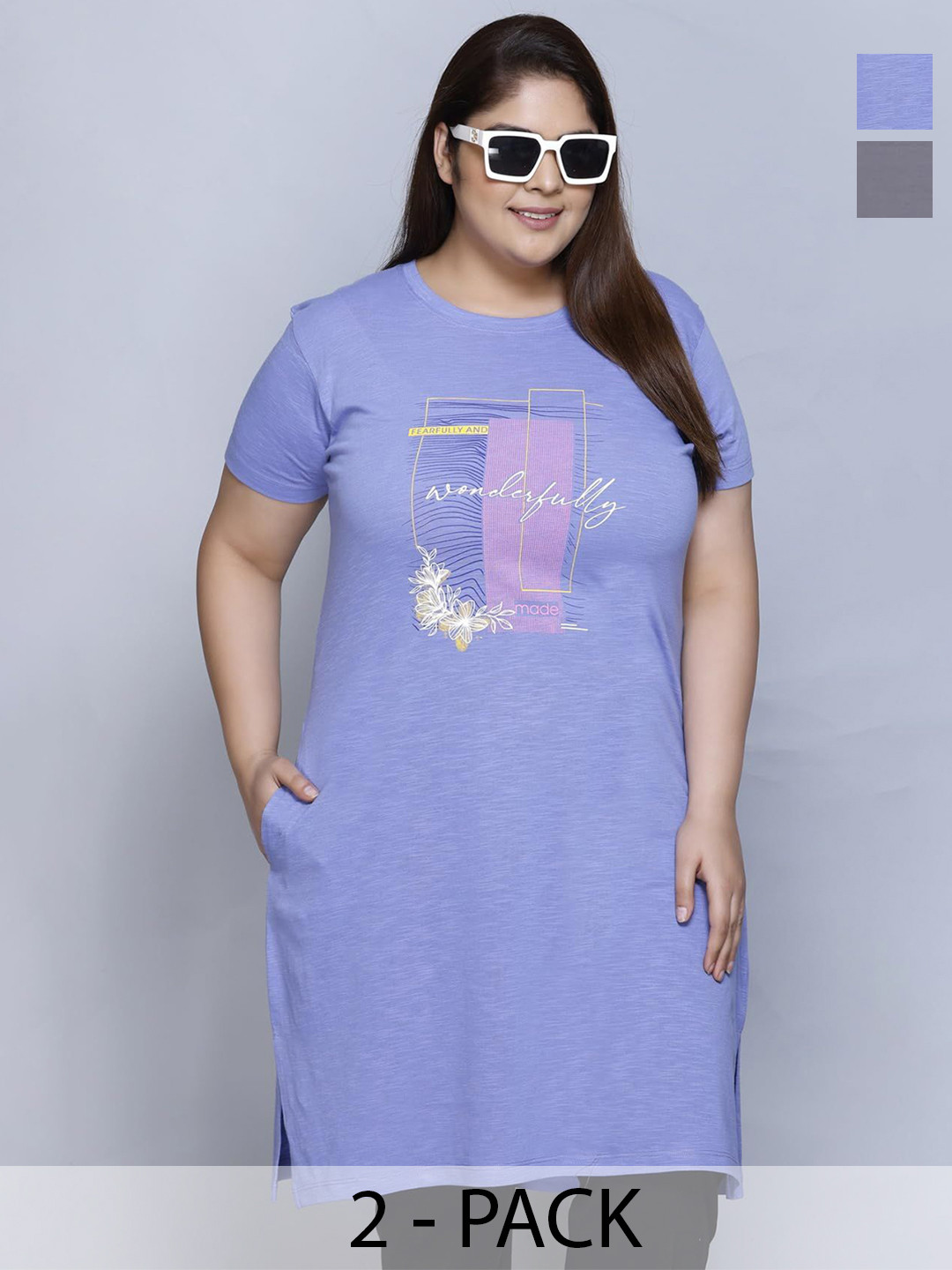 IN Love Women Pack of 2 Front Printed Nightdress Plus Size