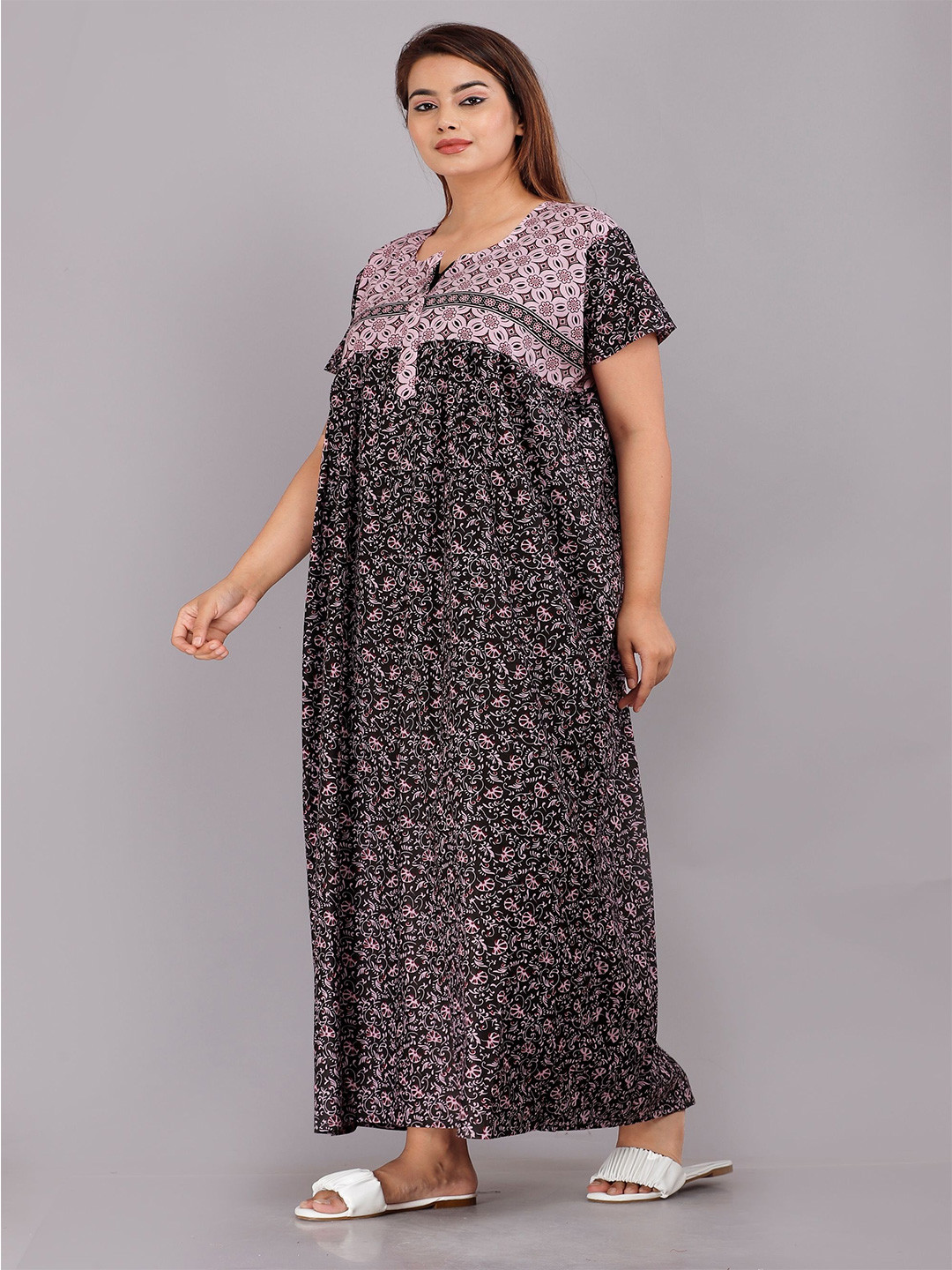 PR PINK ROYAL Ethnic Motifs Printed Cotton Maxi Nightdress