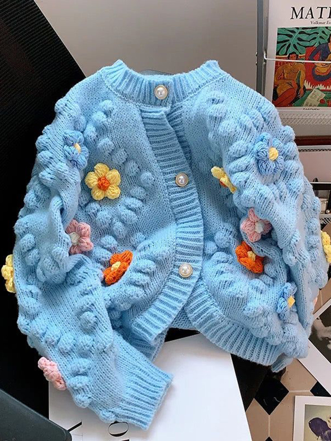 Miss Mosa By Akanksha  Women Blue Lisido Statement Woolen Sweater with Flower Detail