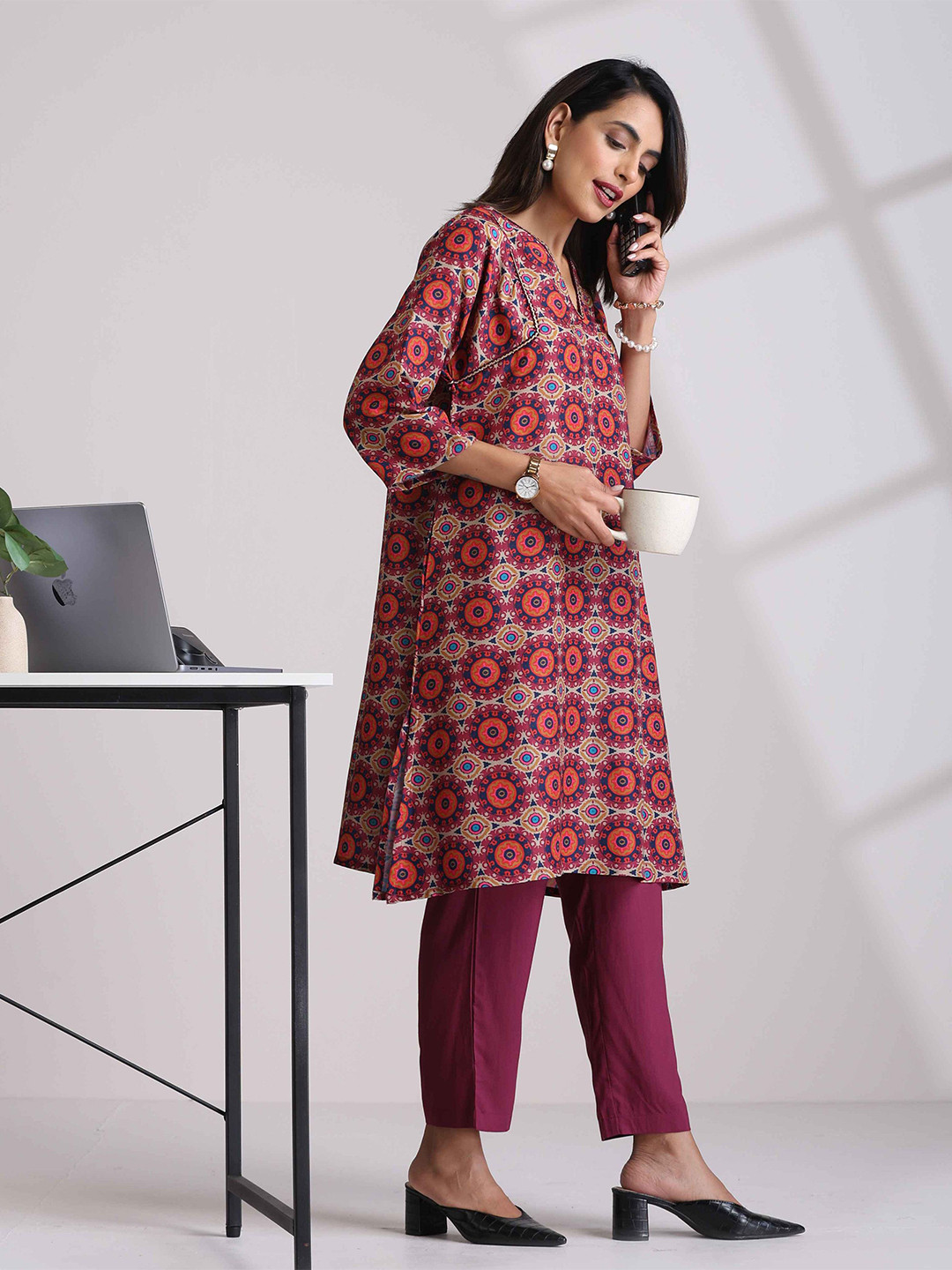 trueBrowns Beige Mandala Printed Kurta Co-ord Set