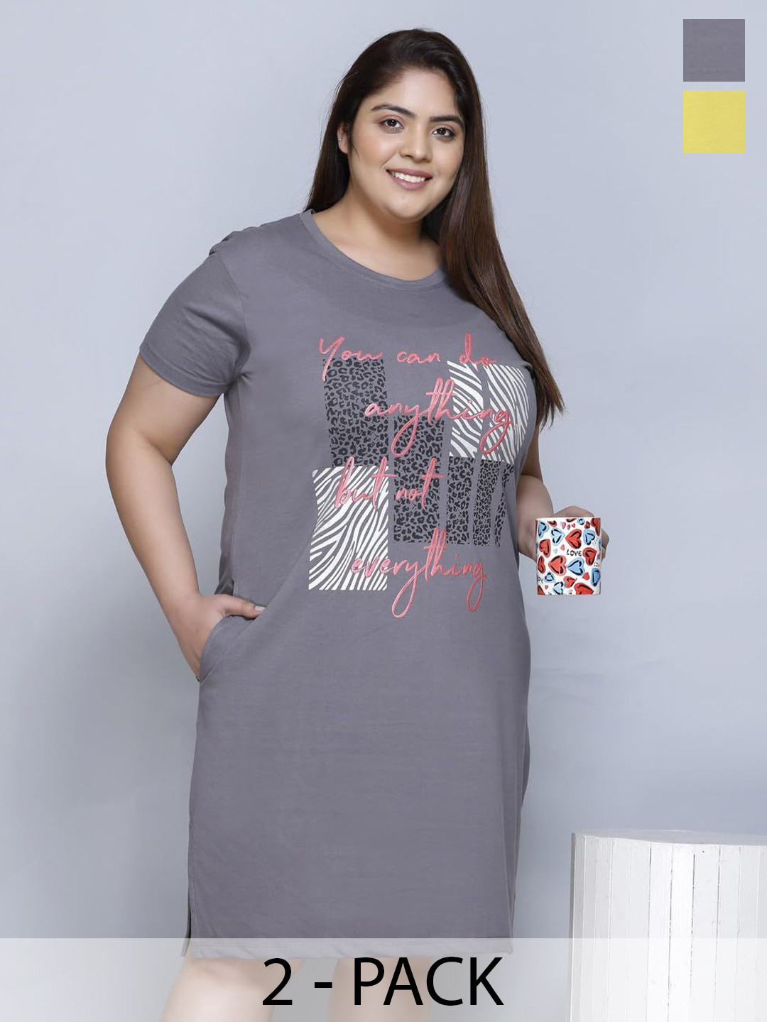 IN Love Pack Of 2 Plus Size Women Printed T-shirt Nightdress