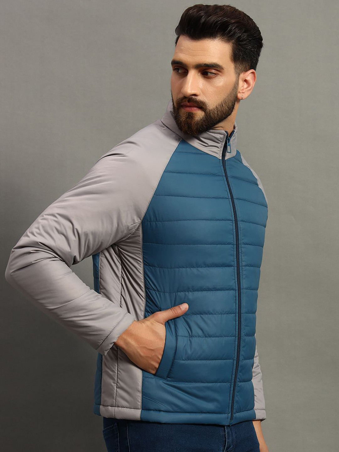 RENUOVO Men Mock Collar Colourblocked Padded Jacket