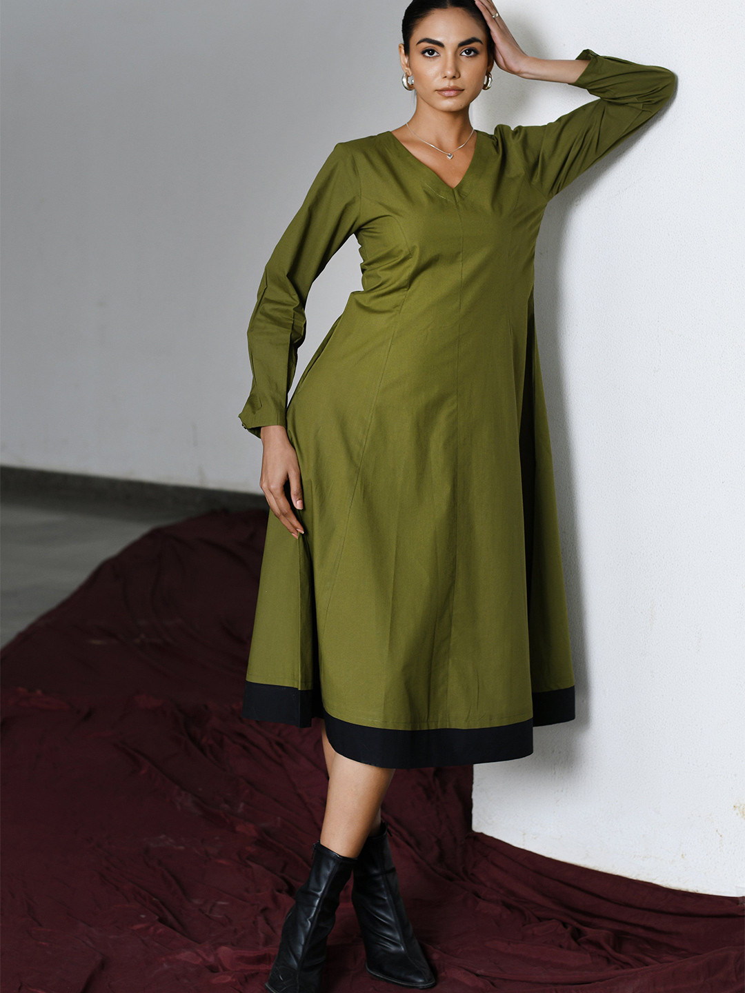 PINK CACTII Women Cotton Trapeze A-Line Midi Dress