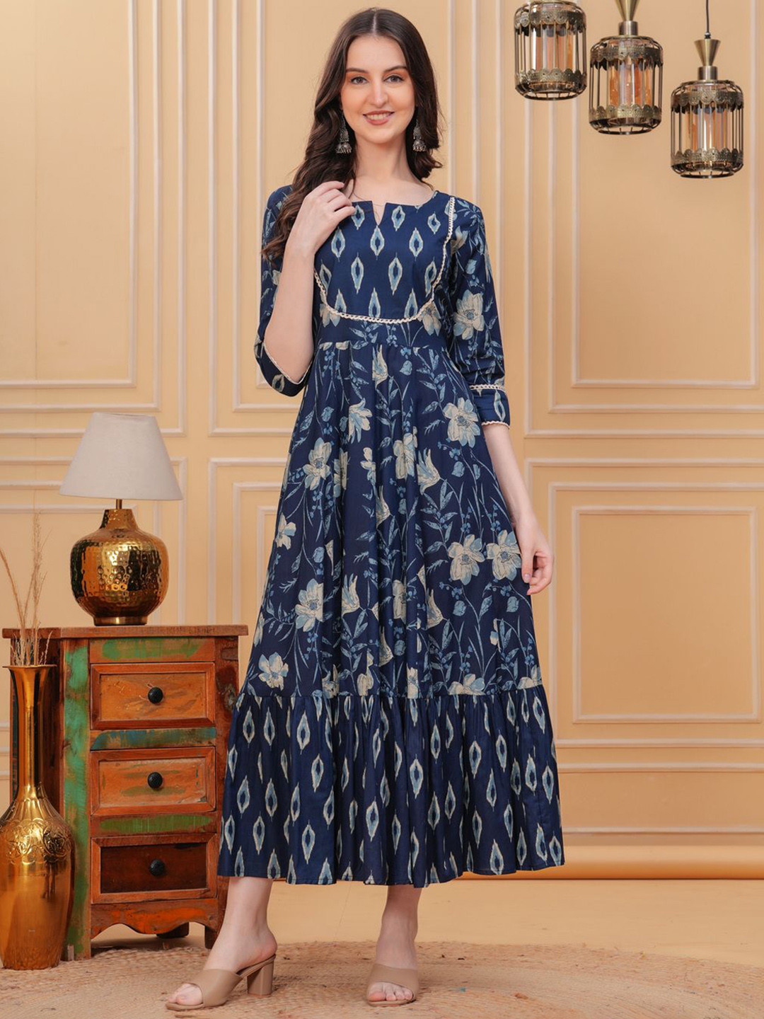 Da Vastraagaar Floral Printed Notch Neck Thread Work Cotton Maxi Gown Ethnic Dress