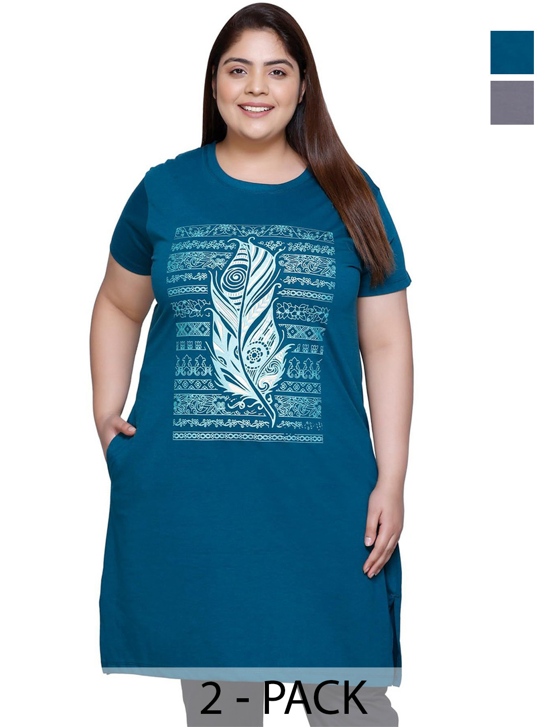 IN Love Women Pack of 2 Women Plus Size Front Printed Cotton Nighty Chemise  Plus Size