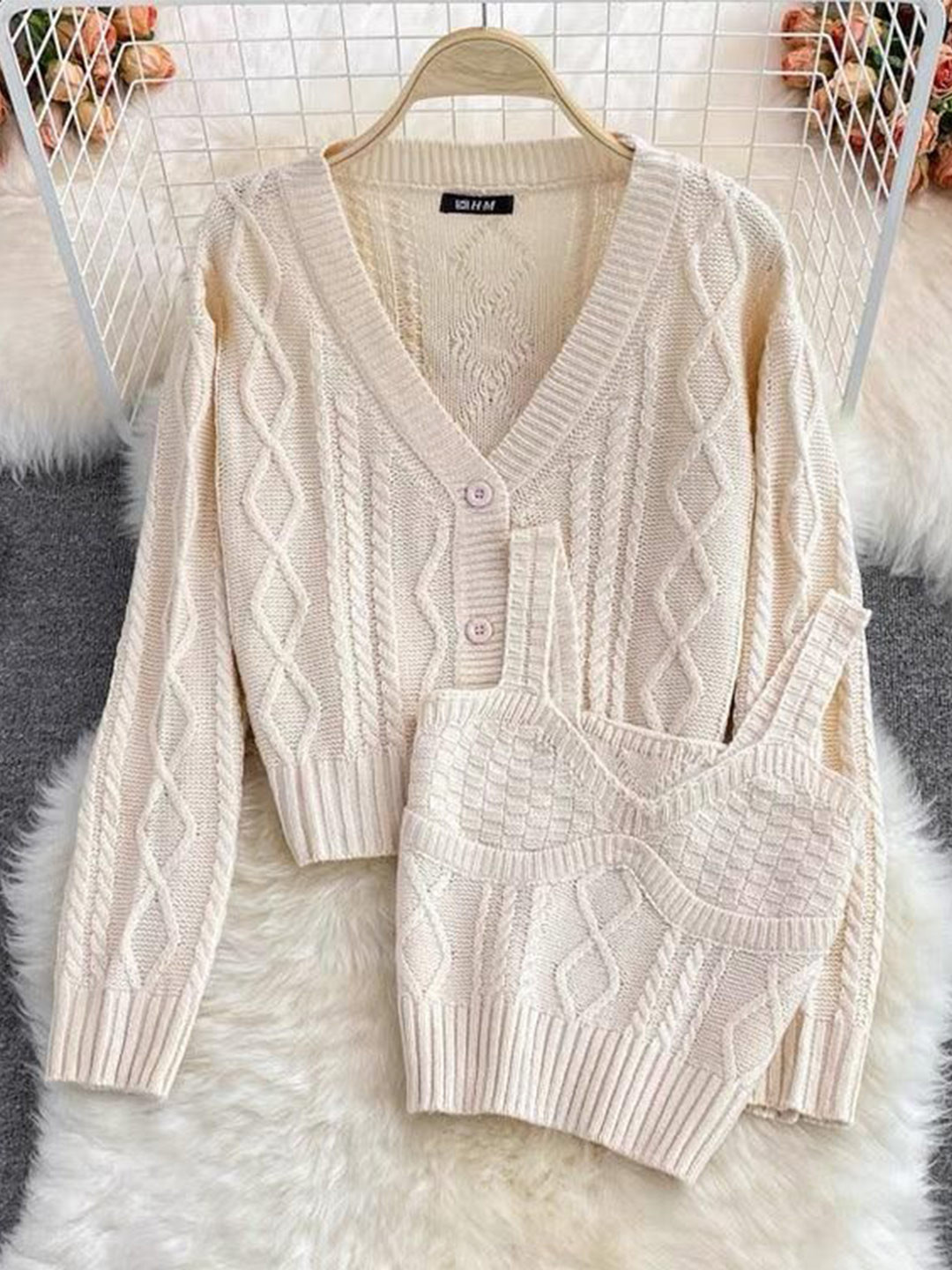 Miss Mosa By Akanksha  Women Embroidered Woollen Beige Freddy Sweater Set