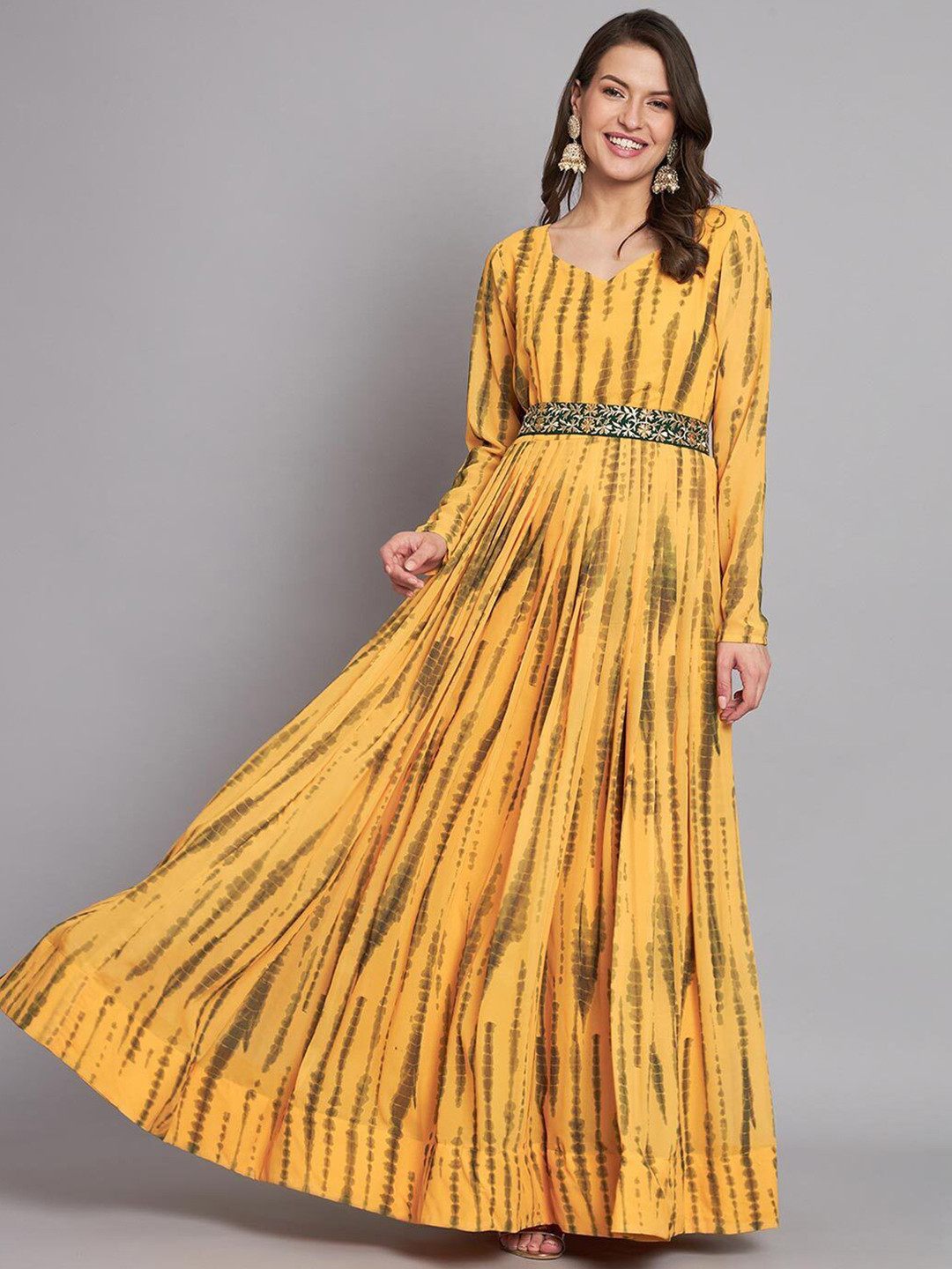 Jash Creation Tie and Dye Print Crepe Belted Fit & Flare Maxi Dress