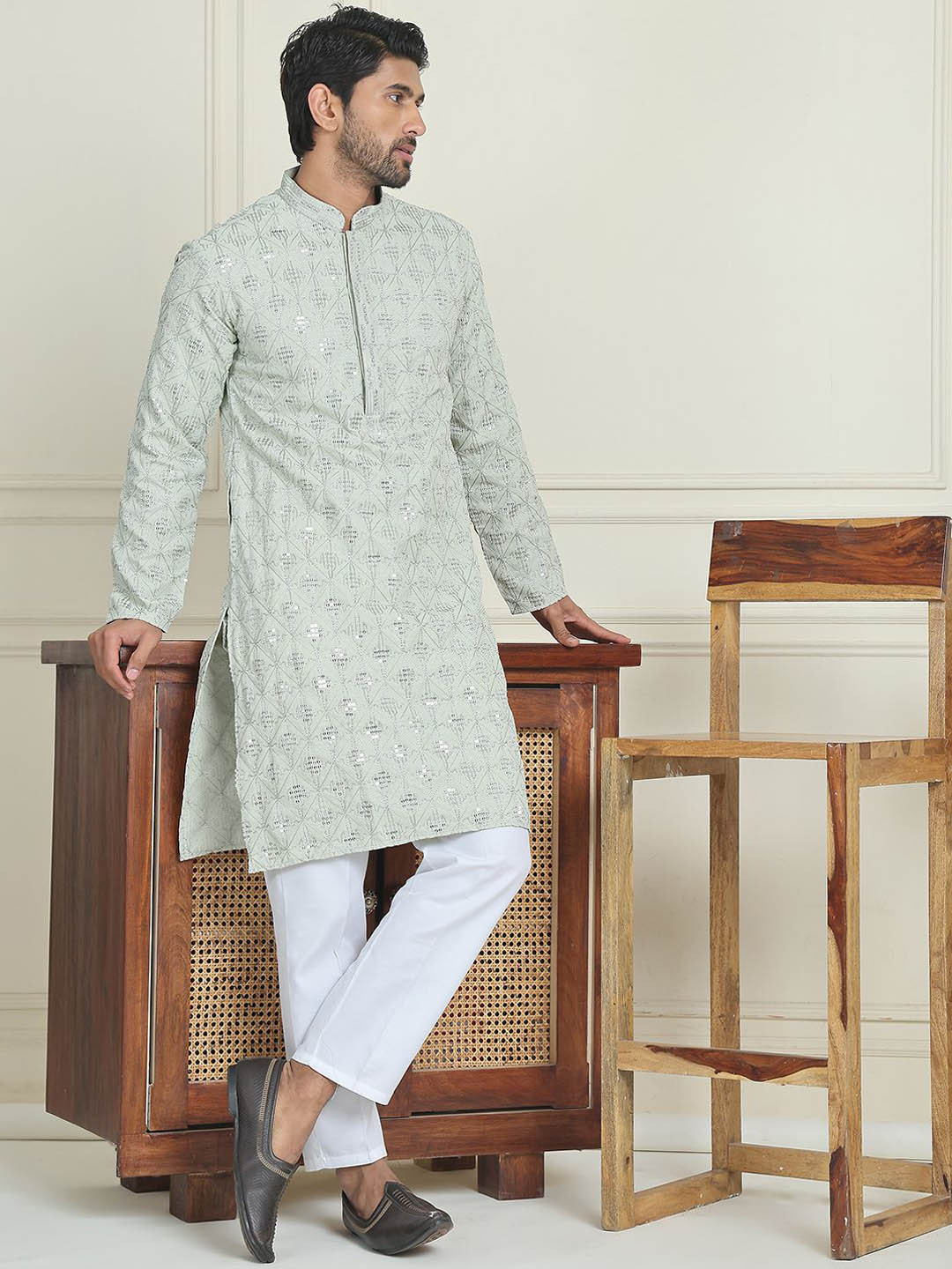 Anouk Pista Green Geometric Embroidered Sequinned Mandarin Collar Kurta With Pyjamas
