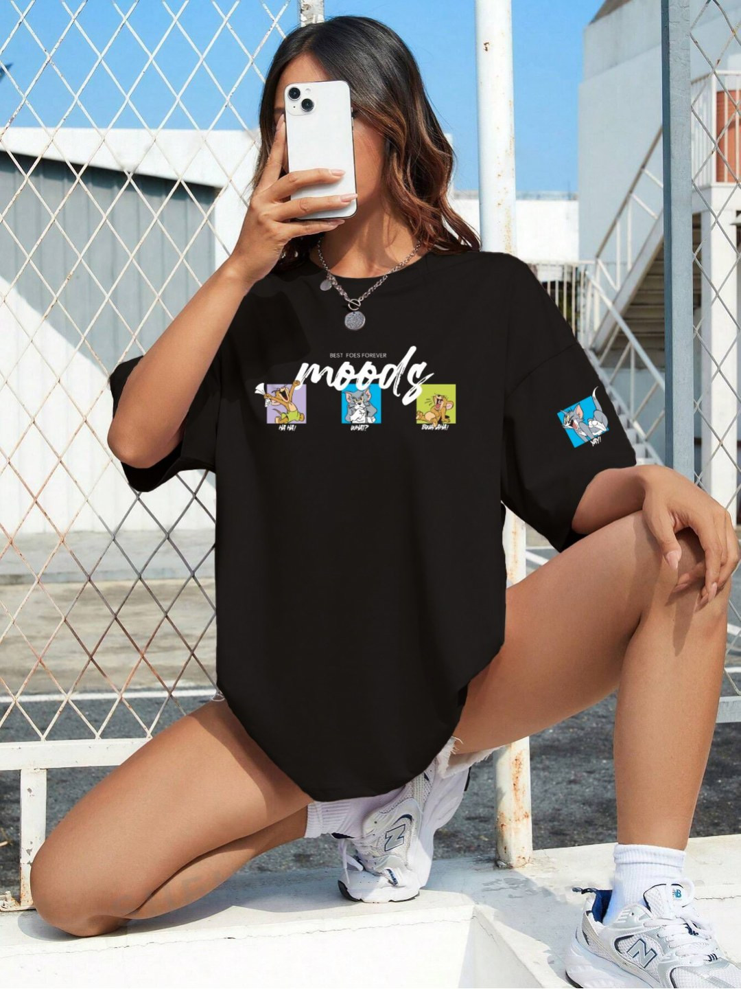 TOGS & TERRE Women Tom & Jerry Graphic Printed Round Neck Cotton Oversized T-shirt
