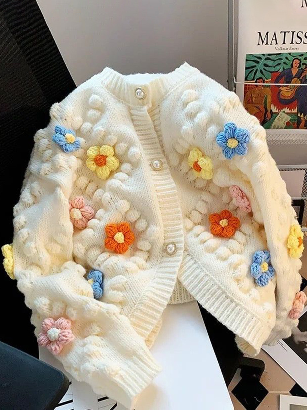 Miss Mosa By Akanksha  Women Beige Lisido Statement Woolen Sweater With Flower Detail