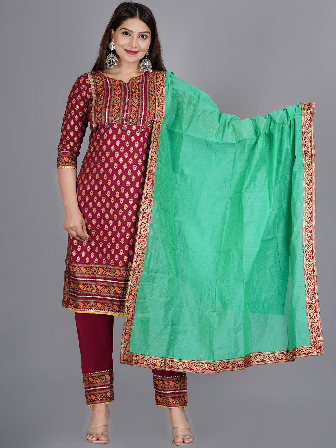 rf clothes Ethnic Motifs Printed Notch Neck Kurta With Trousers & Dupatta