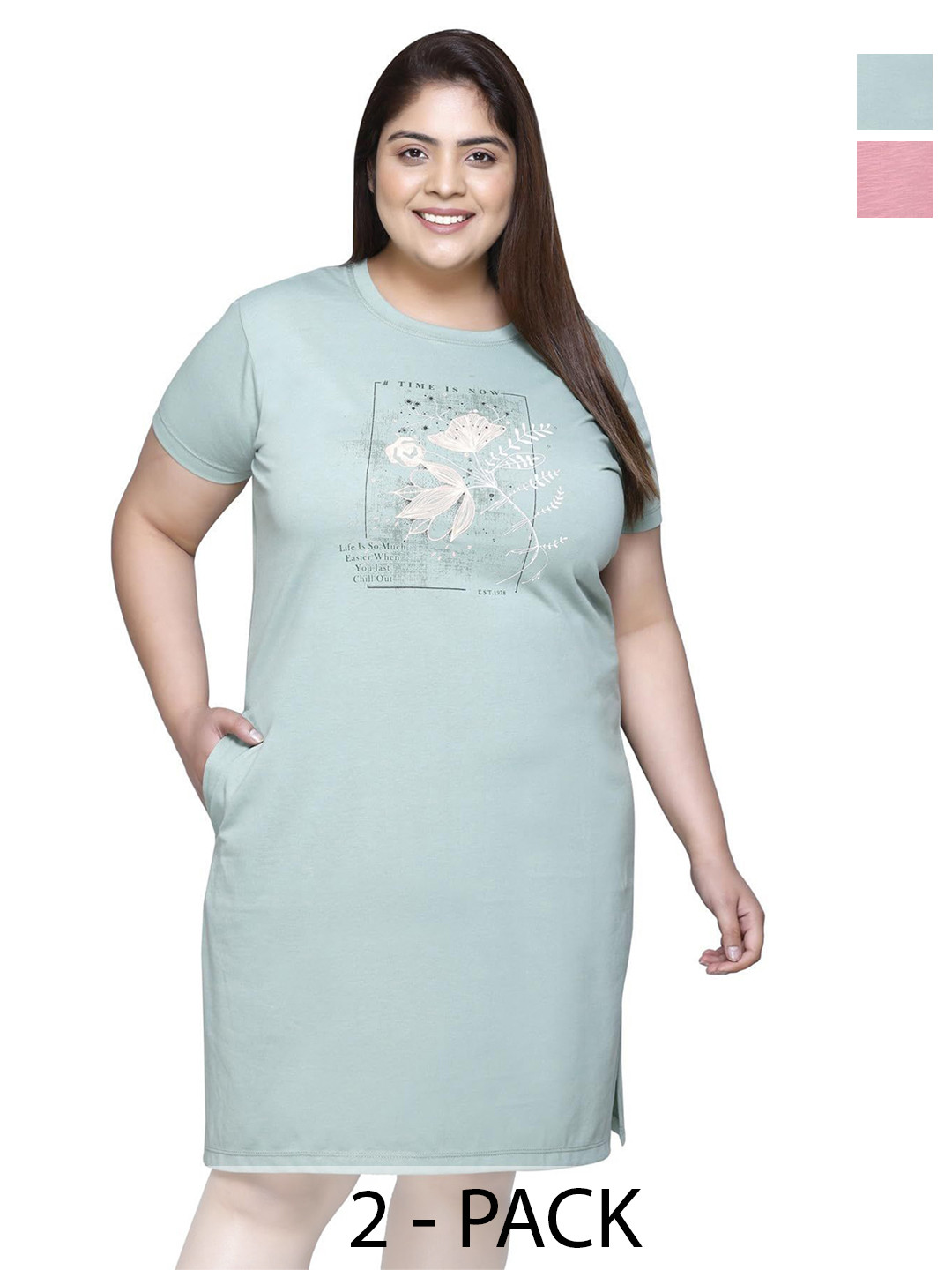 IN Love Pack of 2 Women Plus Size Front Printed Cotton Nighty Chemise
