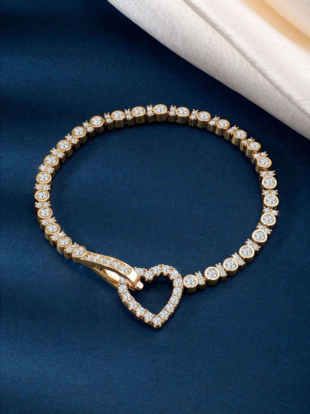 Peora Gold-Plated Cubic Zirconia Studded Charm Bracelet With Red Rose