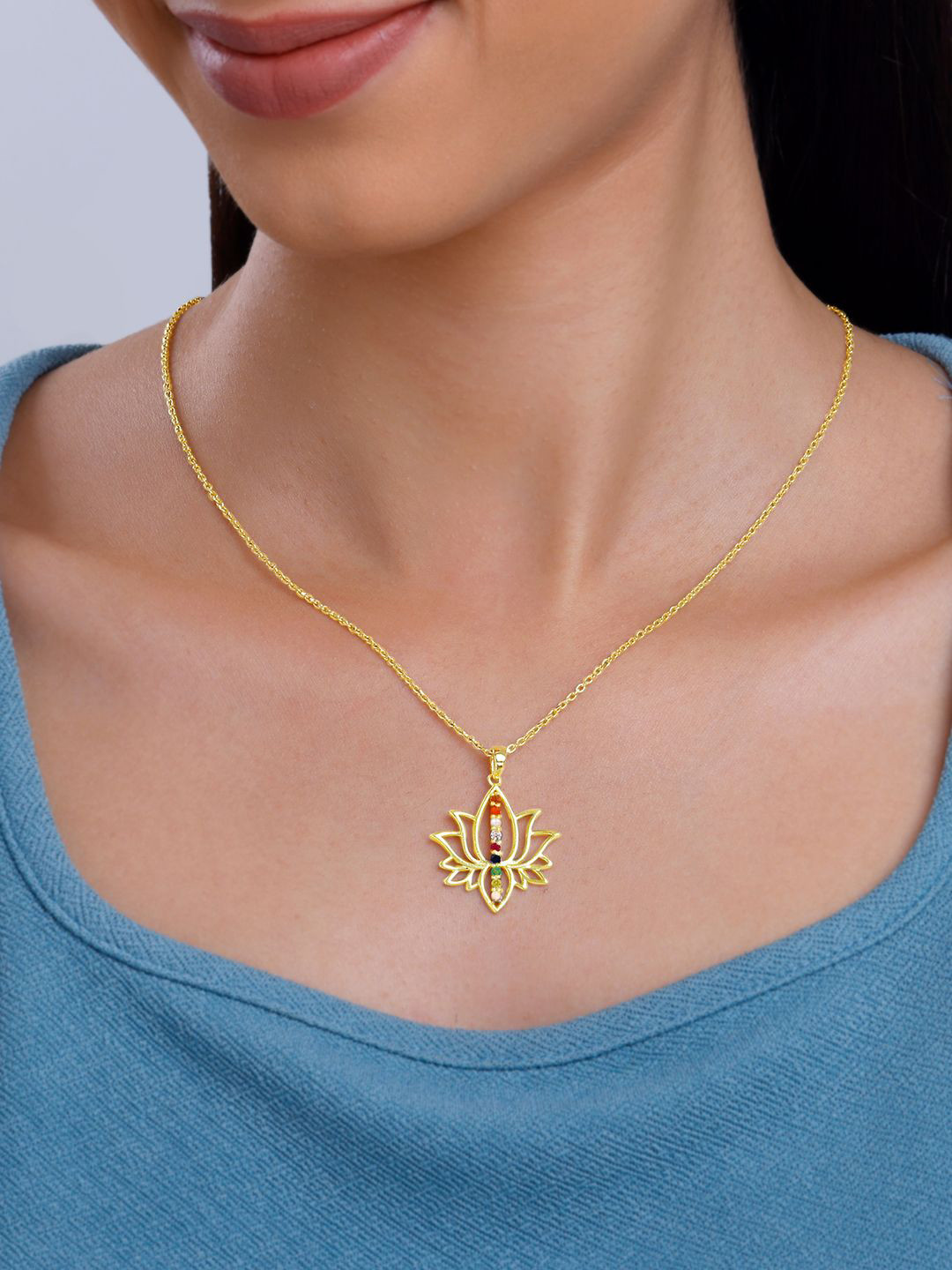 GIVA 925 Silver Gold-Plated Contemporary Stone Studded Navratna Kamal Pendant with Chain