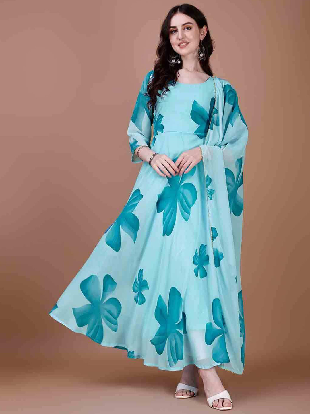 Jash Creation  Women Floral Printed Round Neck Fit & Flare Maxi Dress With Dupatta