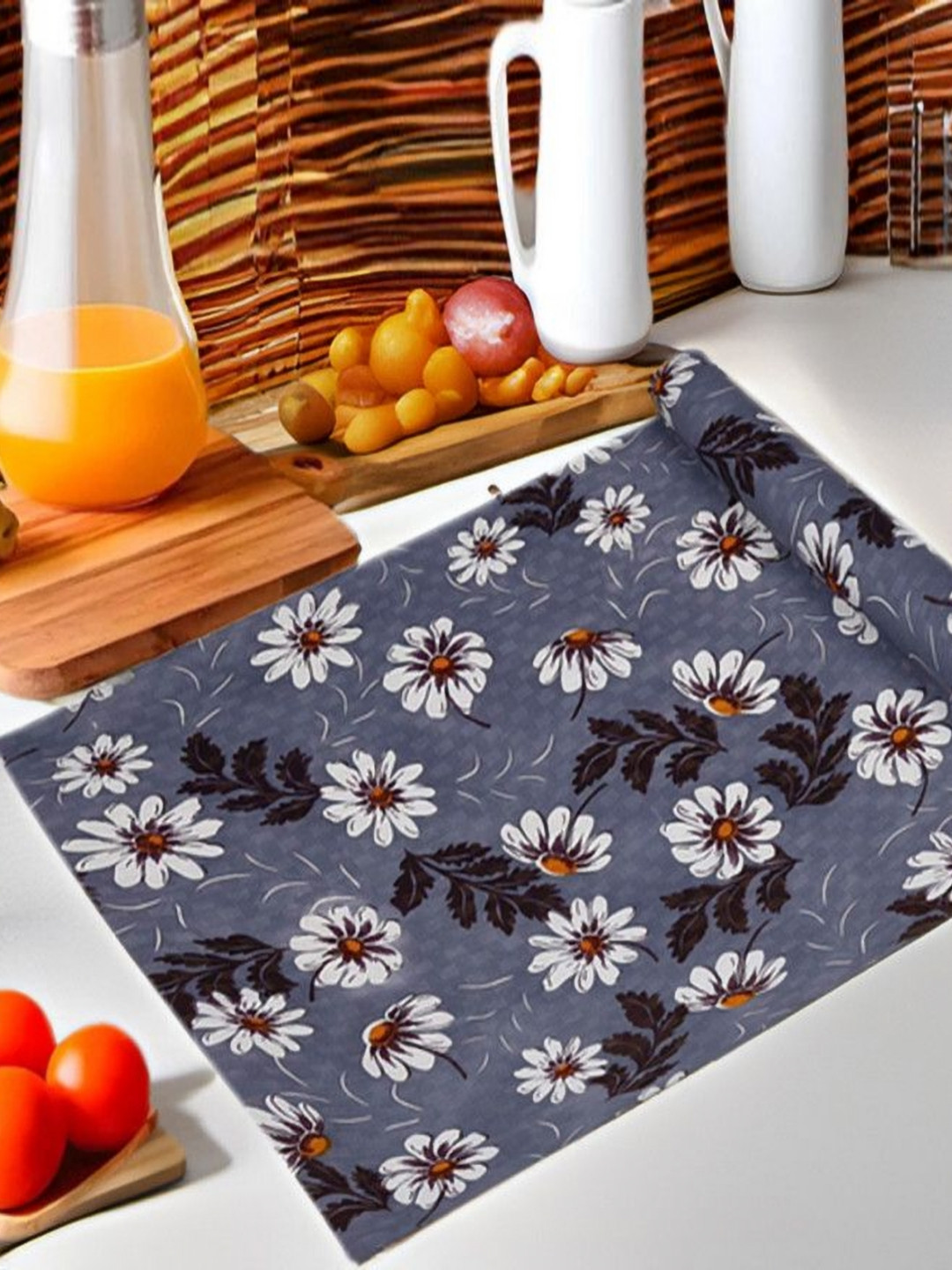 REVEXO Grey & White Floral Printed Water-Resistant PVC Shelf Liner
