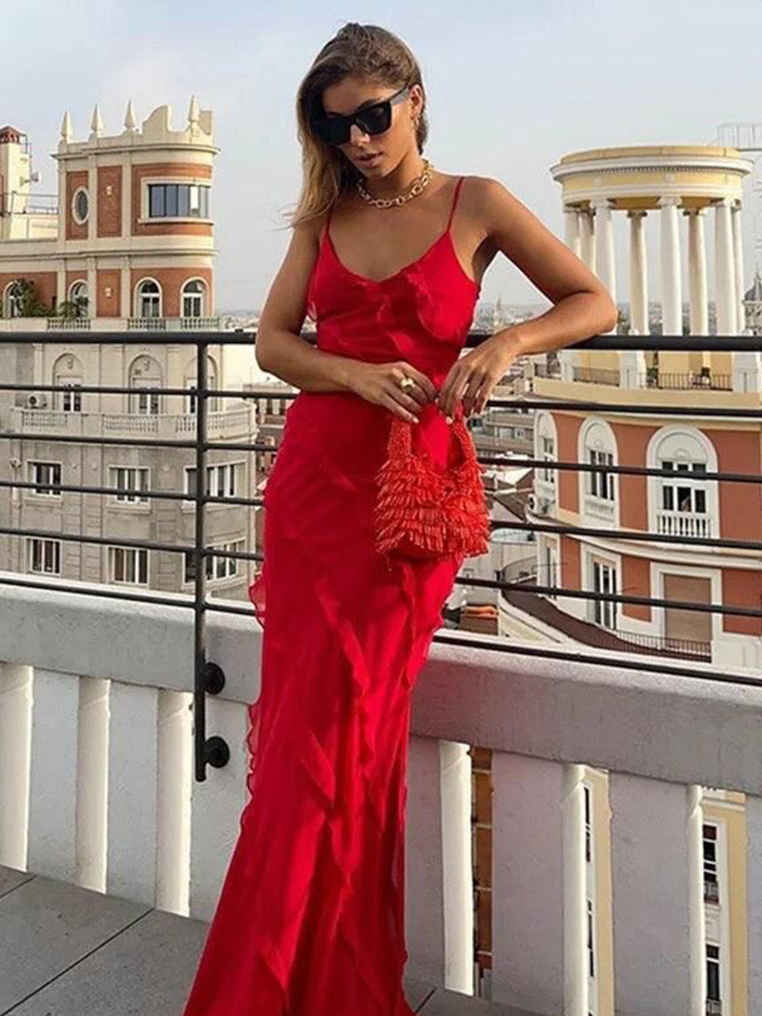 Miss Mosa By Akanksha  Red Atrani Ruffled Maxi Dress