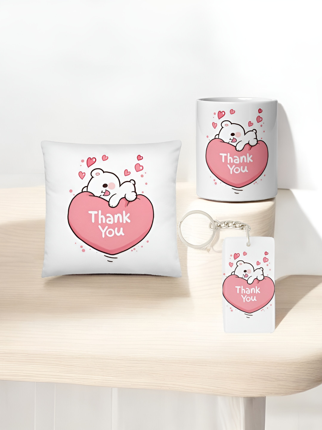 Anikmart 3-Pieces White & Pink Printed Cushion With Mug And Key Chain