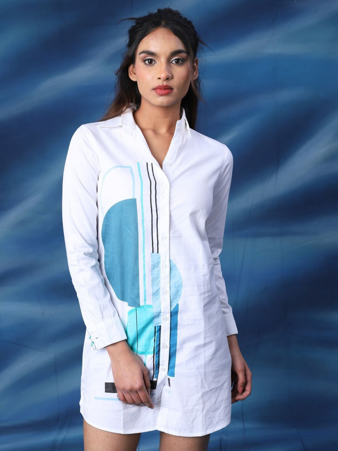 SEREIN Women Printed Cuffed Sleeves Mini Shirt Dress