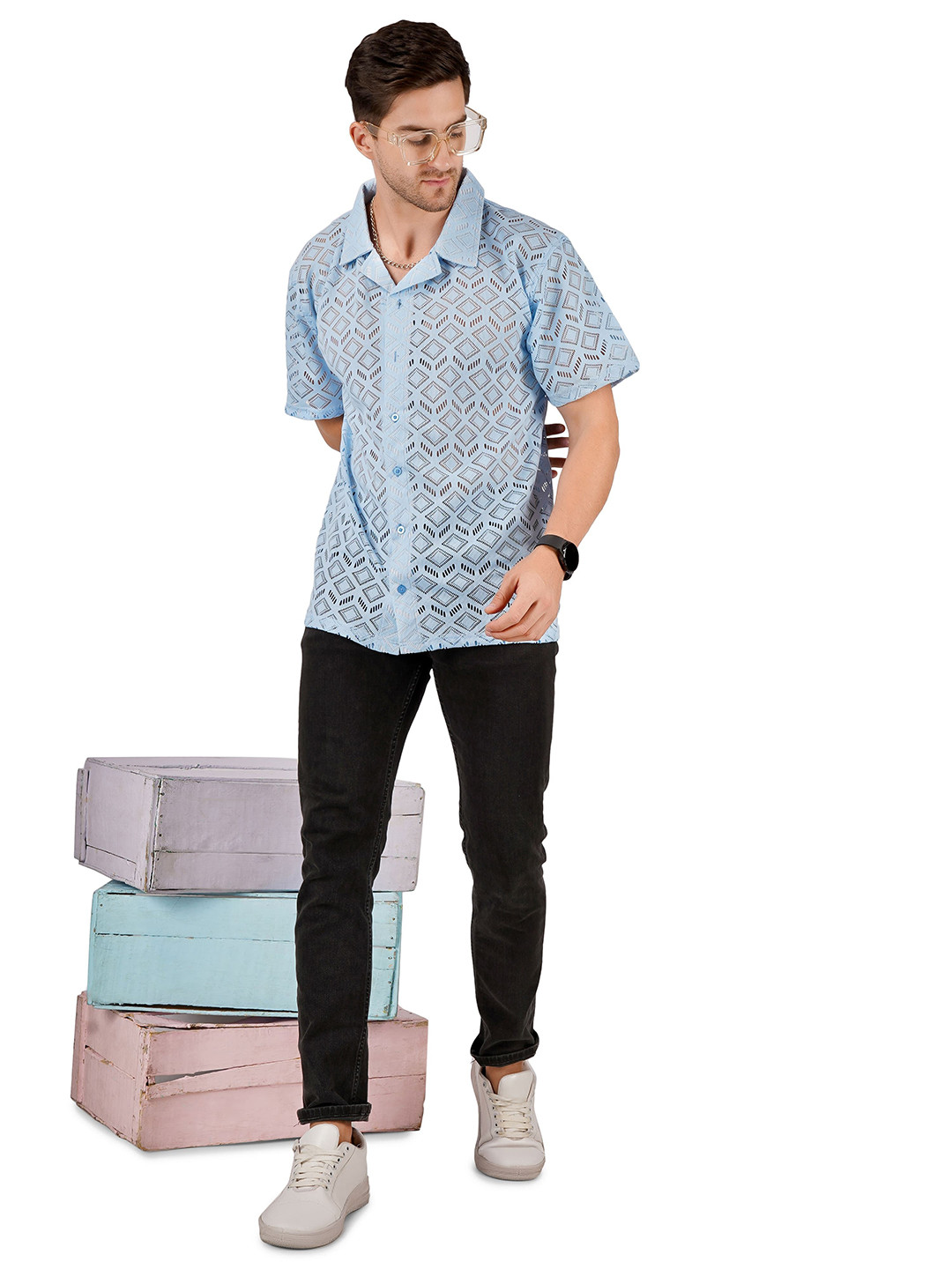 MIMID Men New Relaxed Fit Spread Collar Textured Cotton Casual Shirt