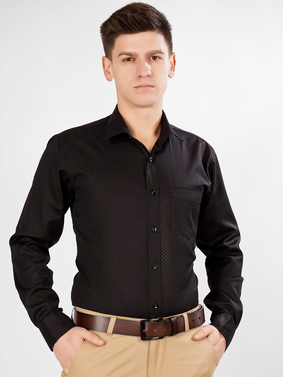 DESIGN UP Men New Slim Fit Spread Collar Textured Casual Shirt