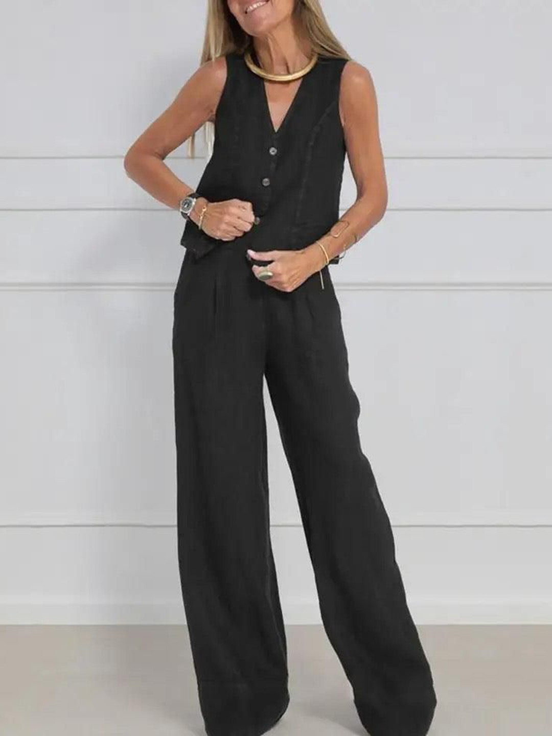Miss Mosa By Akanksha  Black Pure Cotton Laiden Statement Vest Suit with Trouser