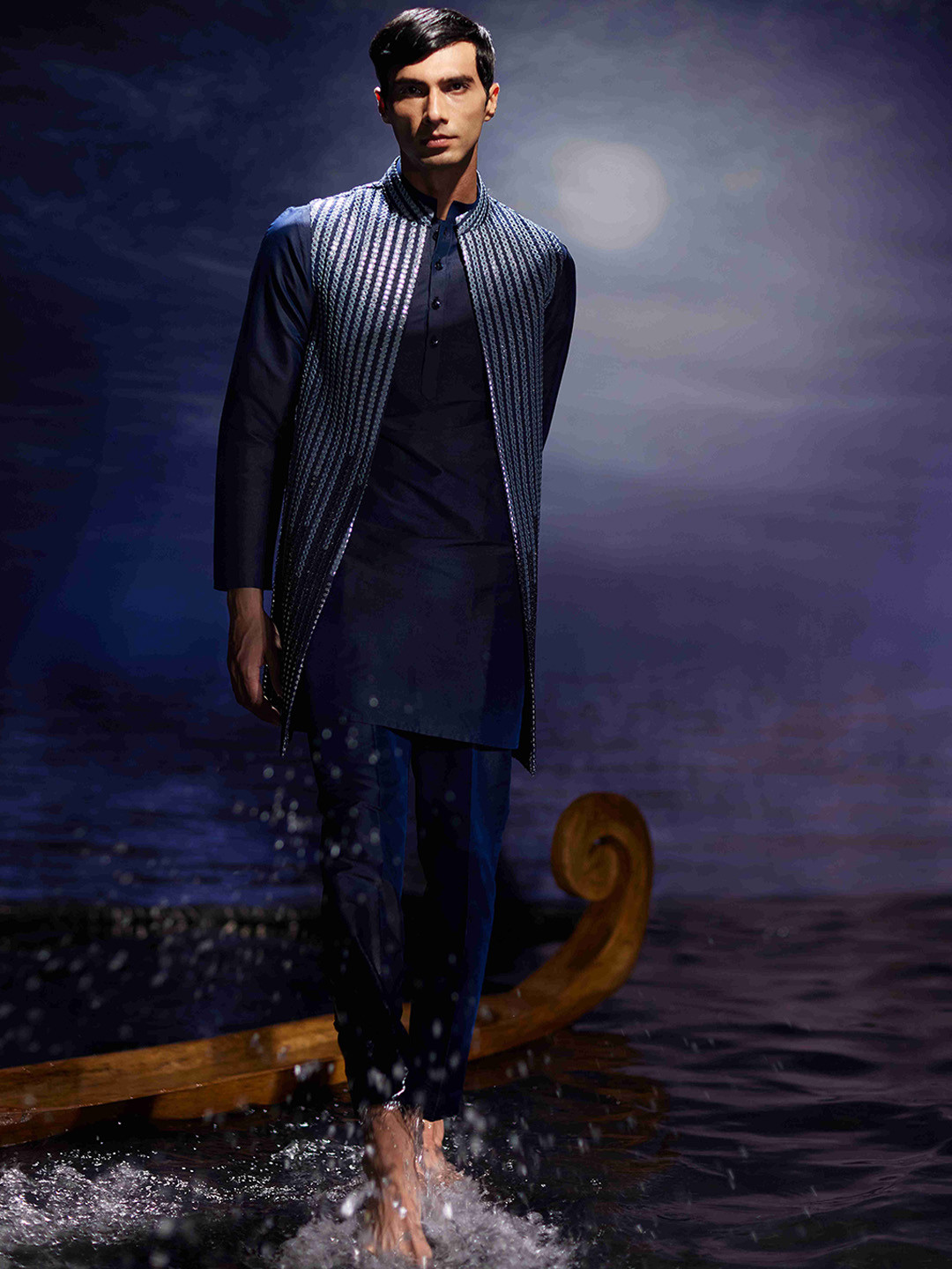 Eleven Brothers Mandarin Collar Straight Kurta With Trousers And Nehru Jacket