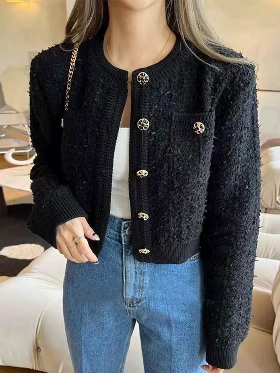 Miss Mosa By Akanksha  Women Black Elena Cropped Button Down Cardigan