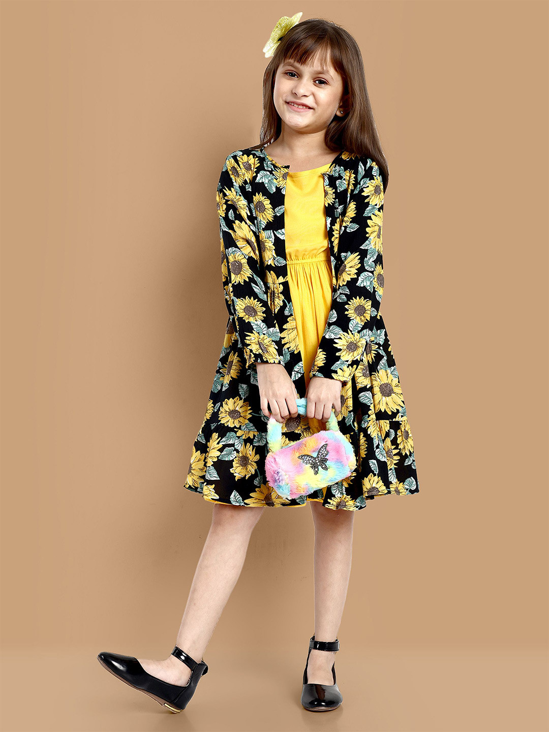 YK Girls Fit & Flare Knee Length Dress With Floral Printed Shrug