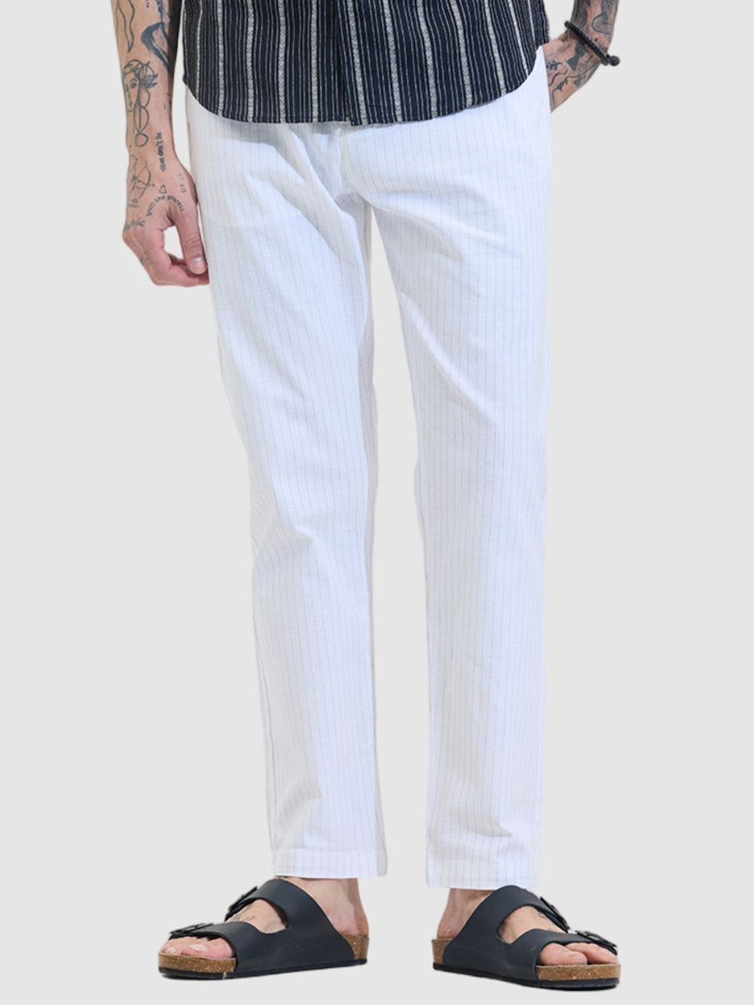 Snitch Men White Striped Smart Slim Fit Regular Trousers