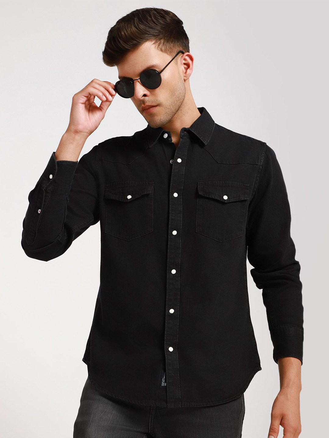 Dennis Lingo Washed Denim Weave Regular Fit Pure Cotton Shirt